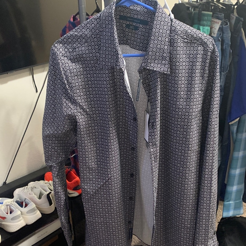 Perry Ellis Black and White Patterned Shirt Jacket